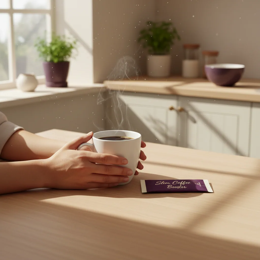 Anonymous hands holding a white ceramic mug of morning coffee beside a Slim Coffee Booster sachet on a wooden table
