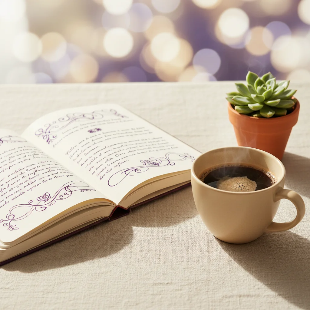 Open journal and coffee cup on a linen surface - representing reader wellness diaries